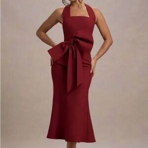 AMAN BERRY HALTER-NECK MIDI DRESS WITH OVERSIZED BOW